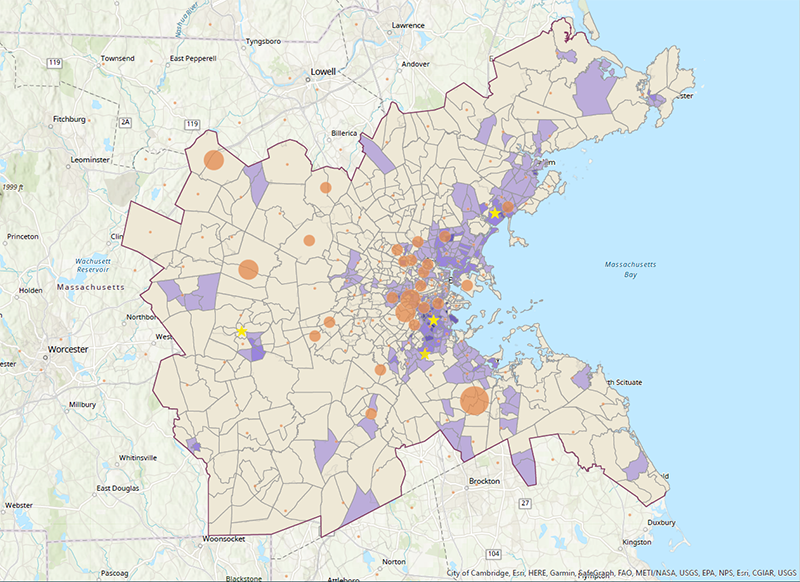 Map depicting the geographic distribution of survey responses (by zip code) for all FFY 2023 surveys in relationship to the distribution of the low-income population in the Boston region. The map also includes points where in-person events were held during FFY 2023. While most in-person events and many survey responses overlap with areas of medium to high concentration of people with low income, there is much less overlap outside of the inner core. Map depicting the geographic distribution of survey responses (by zip code) for all FFY 2023 surveys in relationship to the distribution of the low-income population in the Boston region. The map also includes points where in-person events were held during FFY 2023. While most in-person events and many survey responses overlap with areas of medium to high concentration of people with low income, there is much less overlap outside of the inner core.